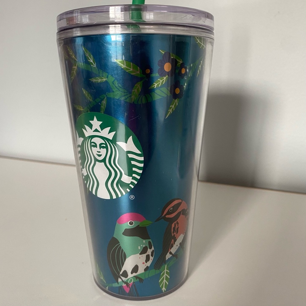 STARBUCKS Tropical Birds Cockatoo Blue Tumbler Cold Cup 16 oz Aqua Blue Forest
